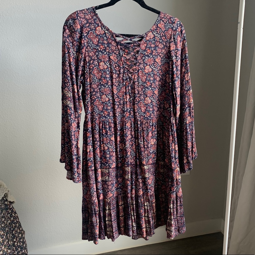 American Eagle Floral Boho Red and Navy Blue Dress